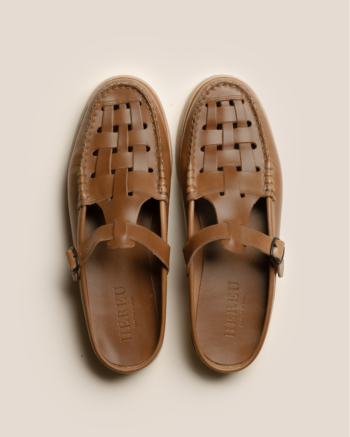 FERRIOL MULE RUBBER VEG TAN - Woven T-bar Mule Loafer | Hereu Men